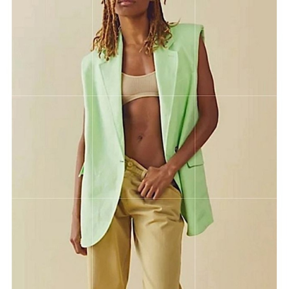 We The Free People jacket vest womens L Large green linen pockets OB1533217